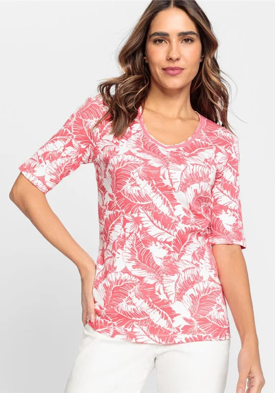 Olsen Leaf Print T-Shirt, Coral & White