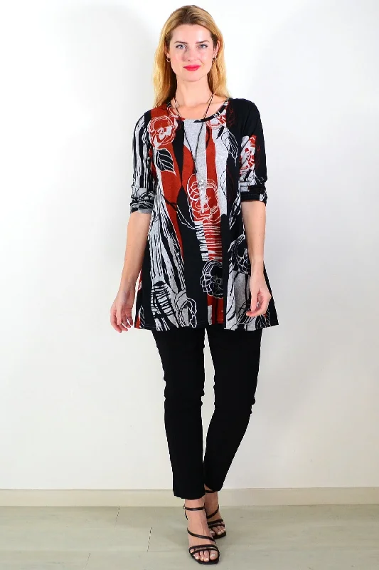 Red Grey Floral Print Fleece Tunic Top