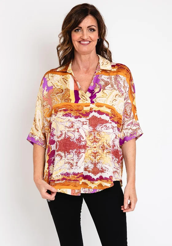 Serafina Collection Satin Damask Print Top, Gold Multi