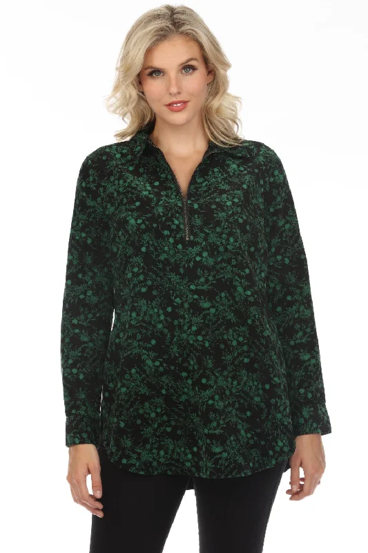 Johnny Was Workshop Green/Black Floral Zip Front Long Sleeve Top Boho Chic W28223