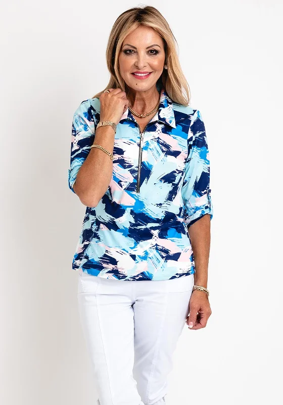 Leon Collection Print Half Zip Blouse, Blue Multi