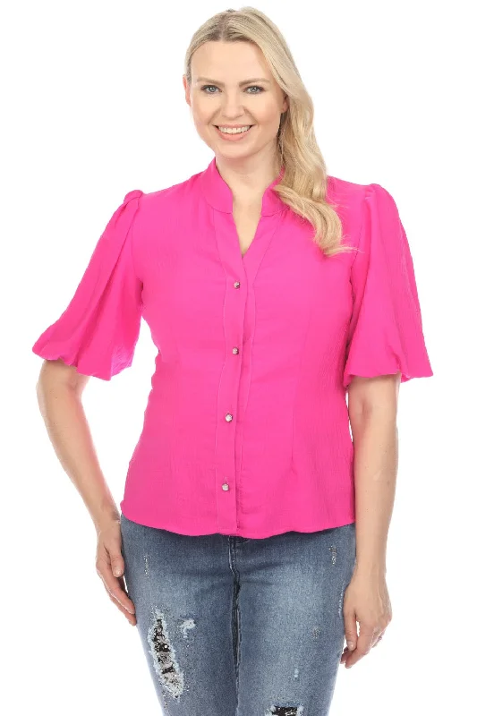 Joseph Ribkoff Ultra Pink Pearl Button-Down Puff Sleeve Blouse 241035