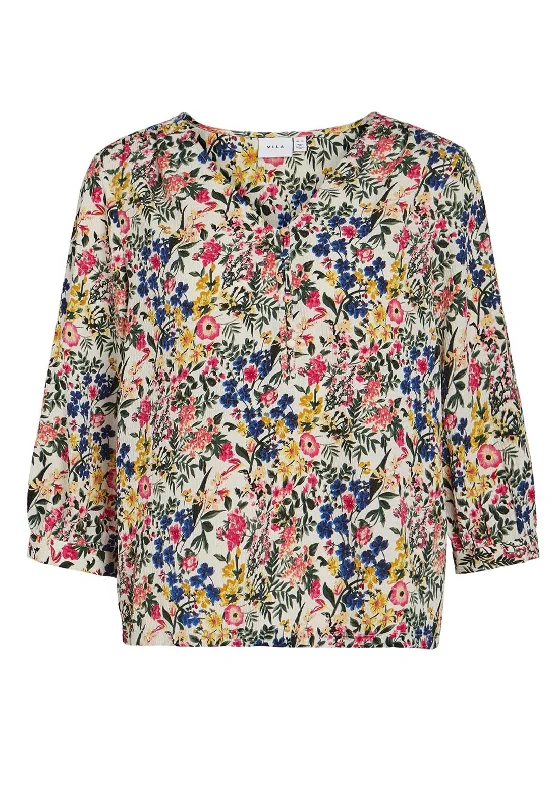 Vila Arianne Floral Print V Neck Top, Birch