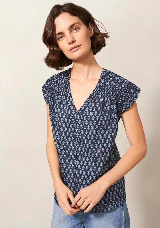 White Stuff Rae Printed Organic Cotton Top, Navy